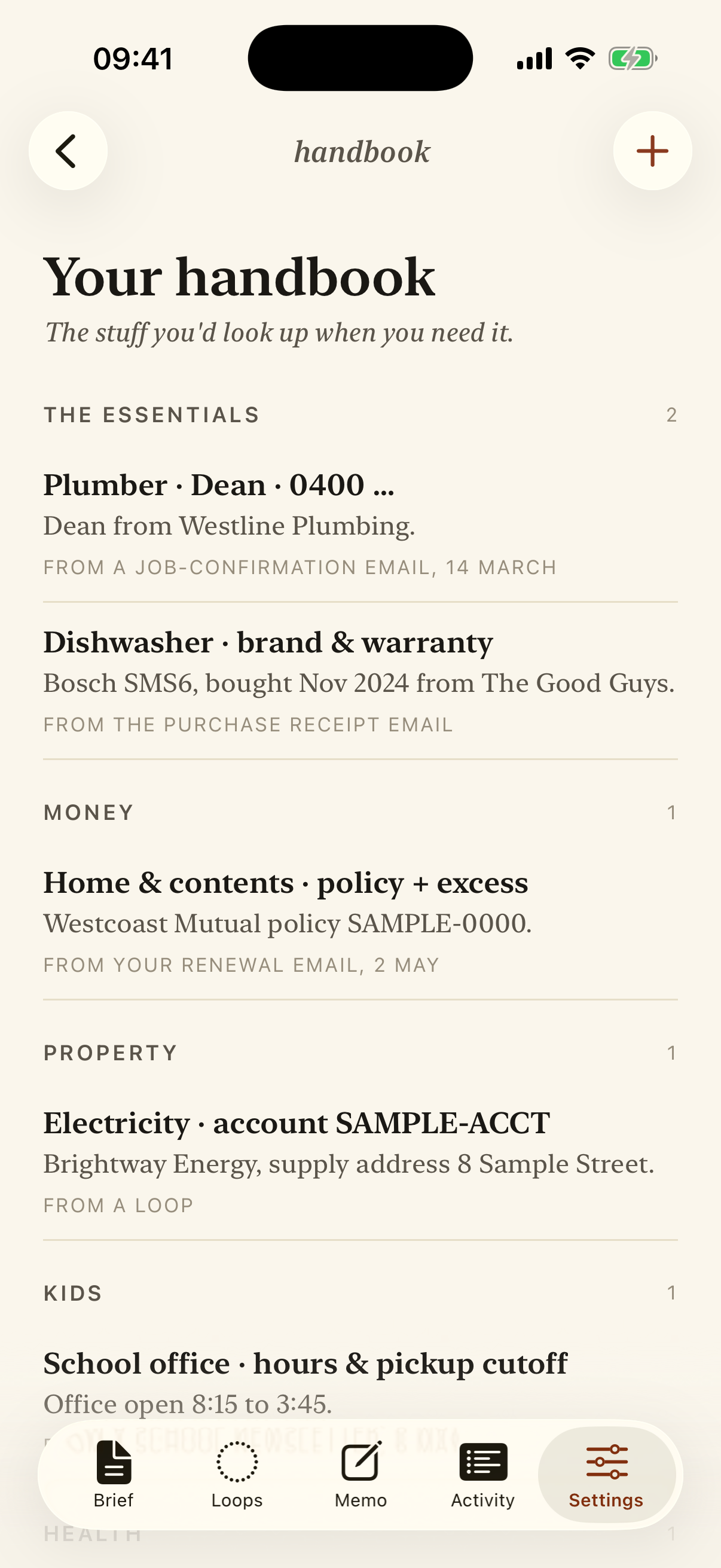 The Ariadot Handbook screen on an iPhone, with entries grouped into Essentials, Money, Property and Kids, each showing a detail like a plumber, an insurance policy, or a school office.