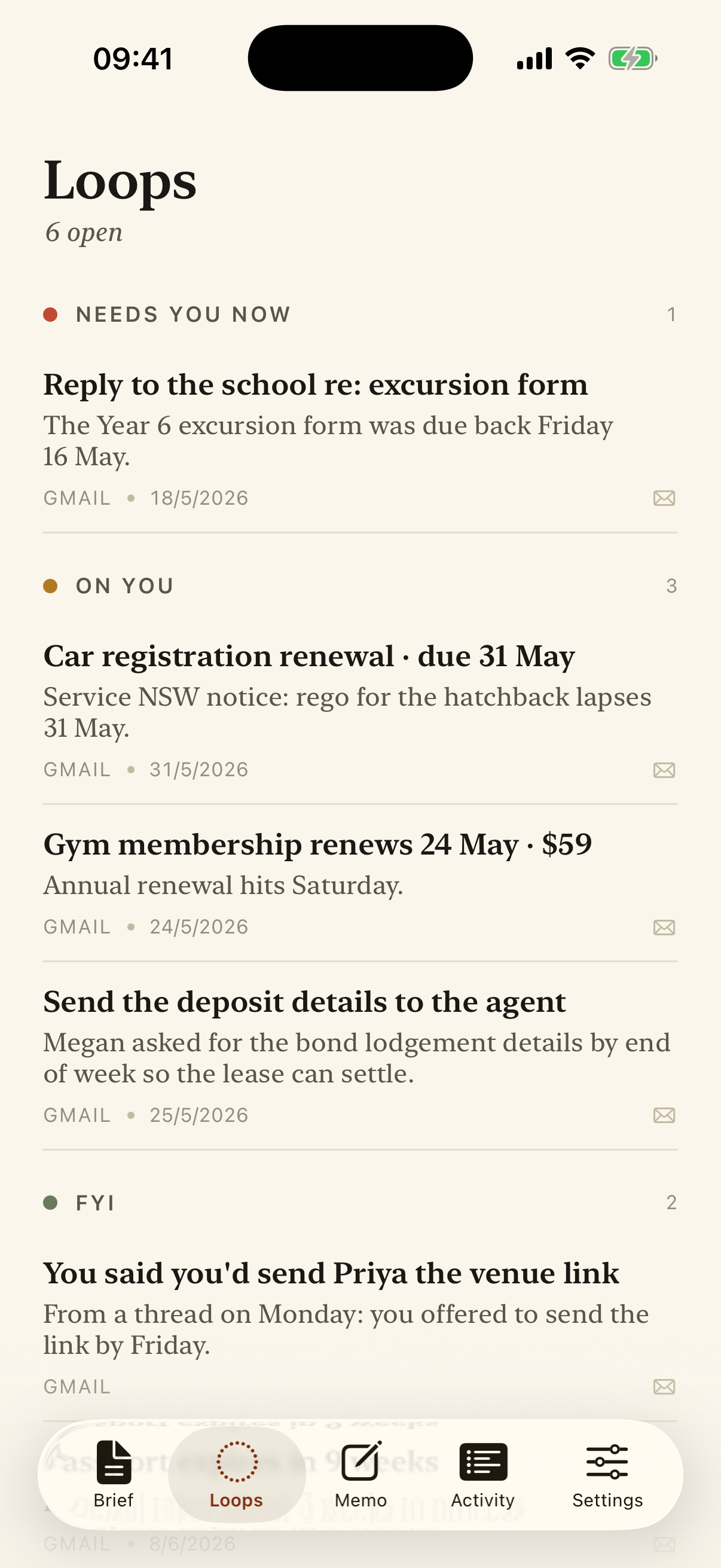 The Ariadot Loops screen on an iPhone, showing open loops grouped into Needs you now, On you, and FYI, each drawn from Gmail with a date.